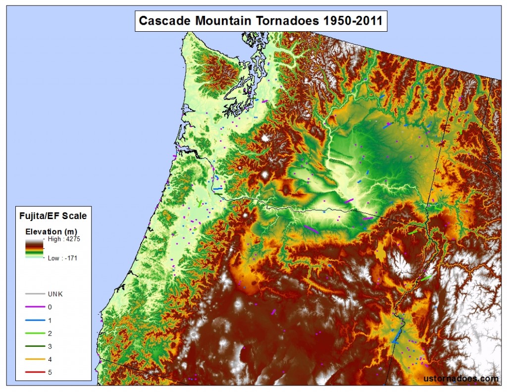 Map by Kathryn Prociv. Tornado data: SPC, elevation data: USGS