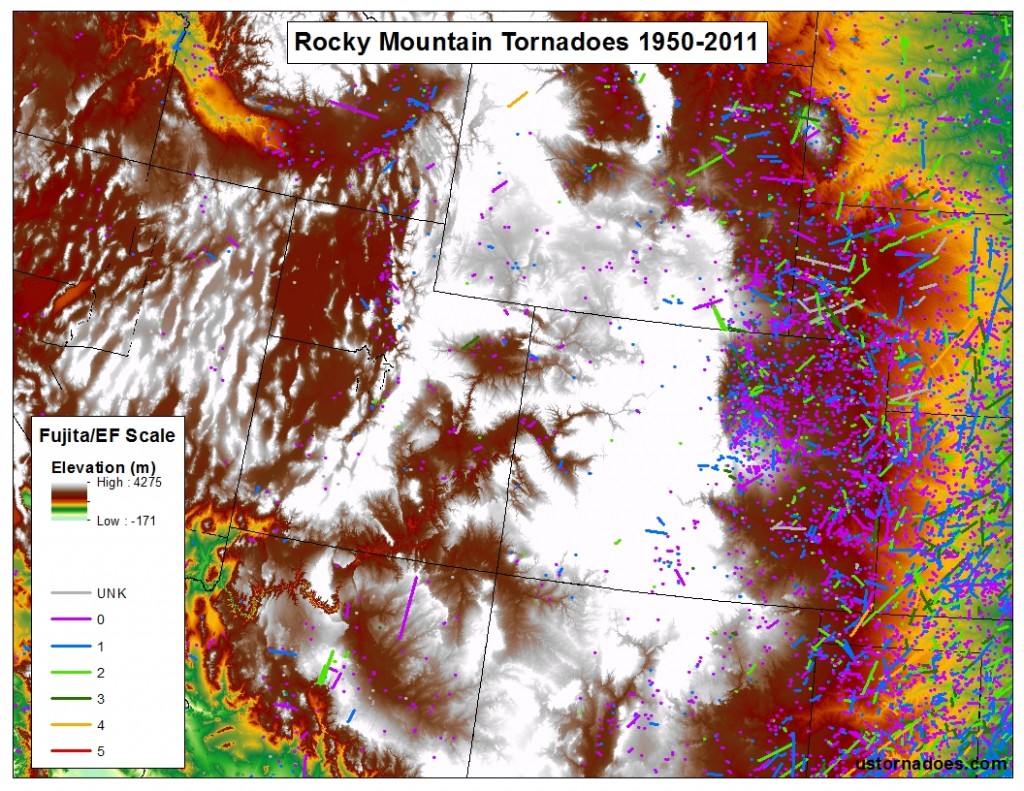 Map by Kathryn Prociv. Tornado data: SPC, elevation data: USGS