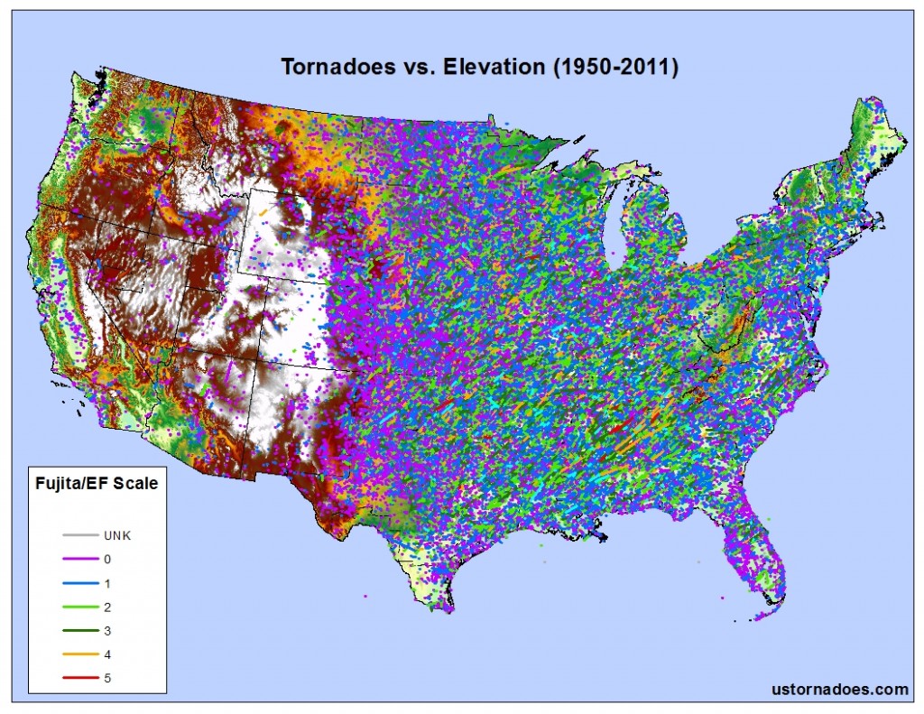 Map by Kathryn Prociv. Tornado data: SPC, elevation data: USGS