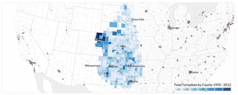 Total tornadoes by U.S. county
