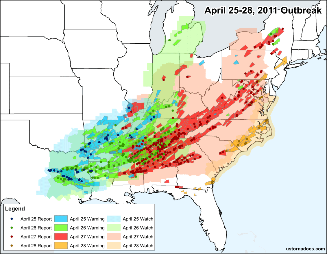 How the top multi-day tornado outbreaks since 2006 occurred - U.S. Tornadoes1131 x 879