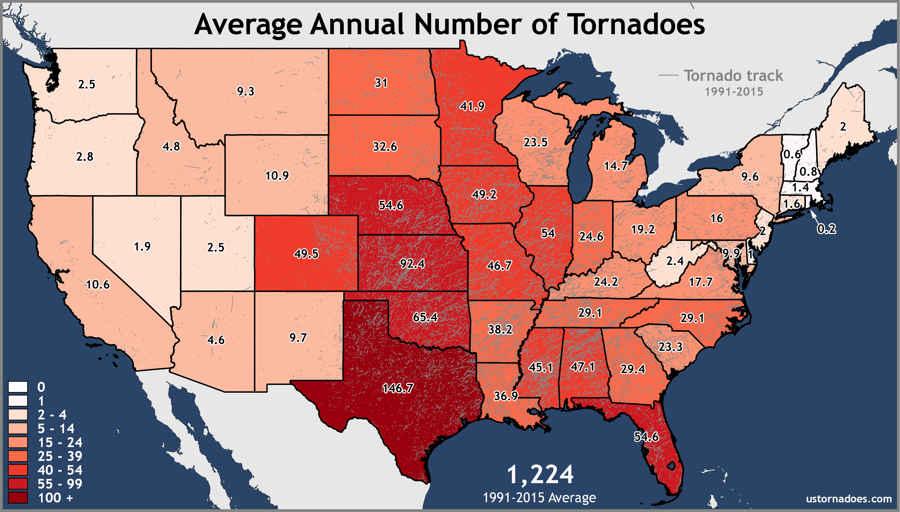 Annual and monthly tornado averages for each state (maps) U.S. Tornadoes