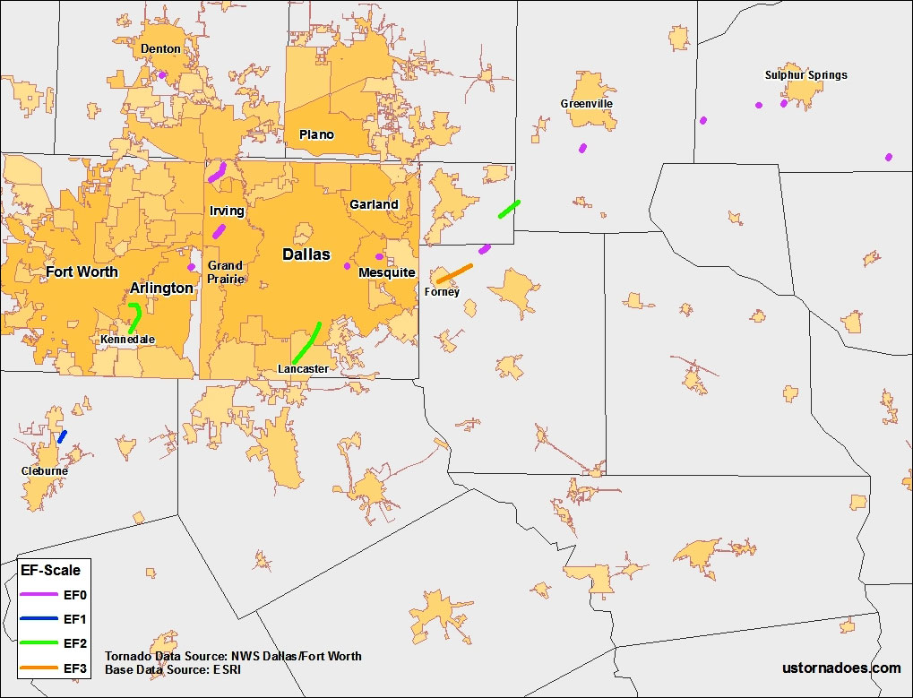 North Texas Tornado Track and Intensity Map for April 3, 2012