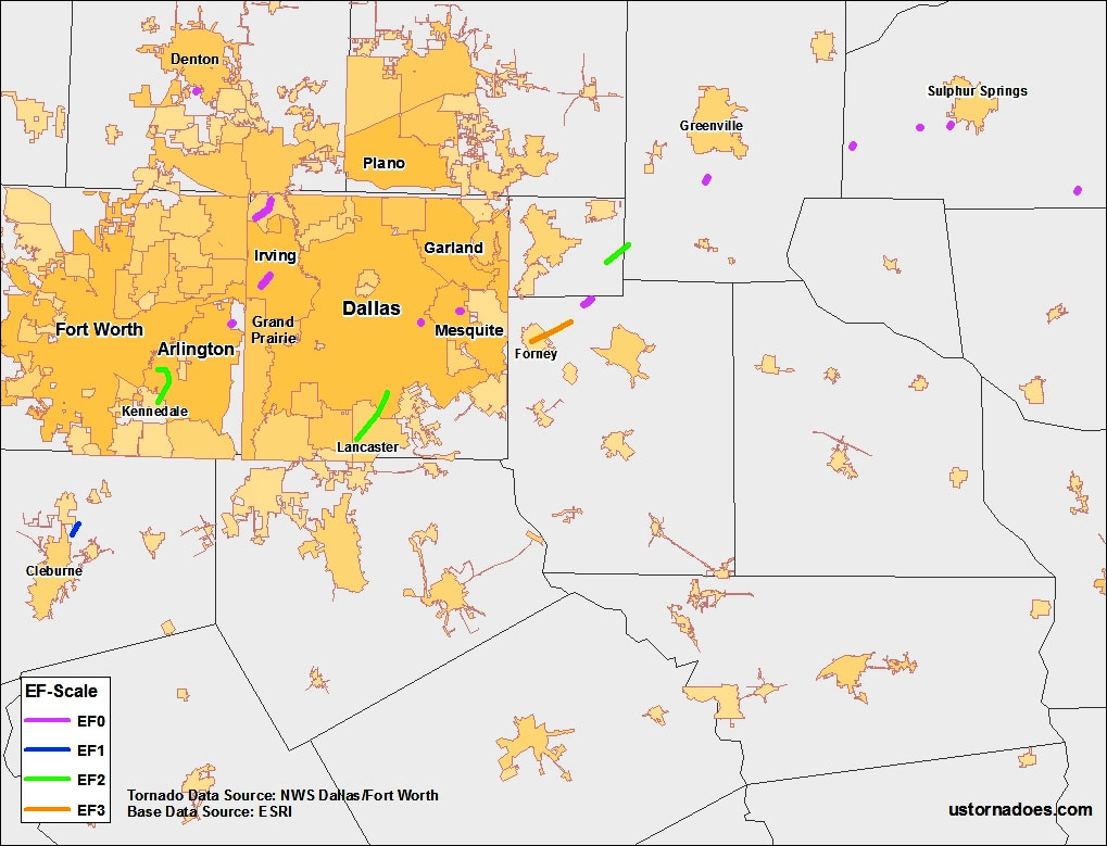 North Texas Tornado Track and Intensity Map for April 3, 2012