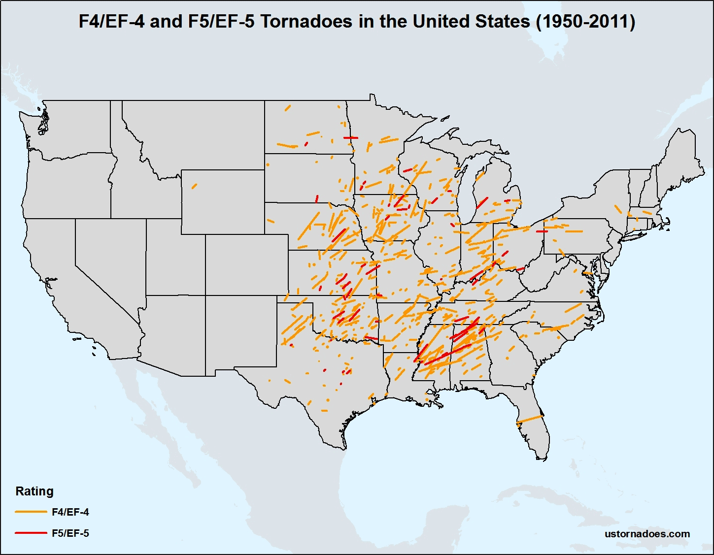 Violent F4/EF-4 and F5/EF-5 Tornadoes in the United States since 1950