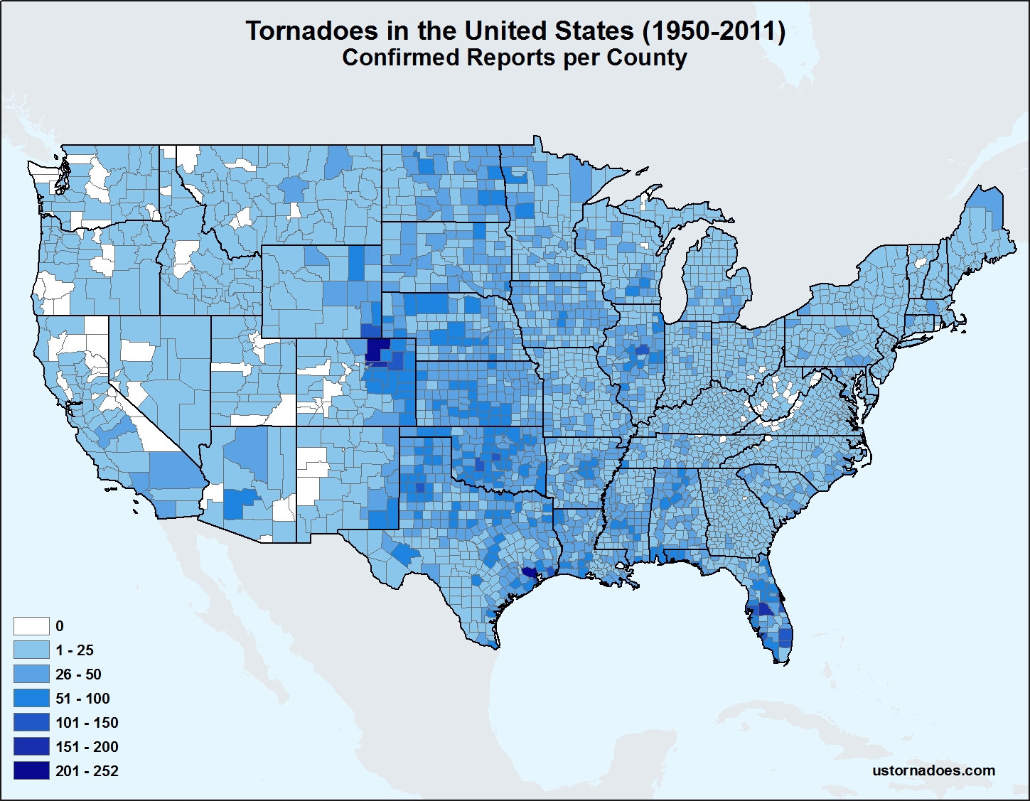Map: U.S. Tornadoes by County, 1950-2011