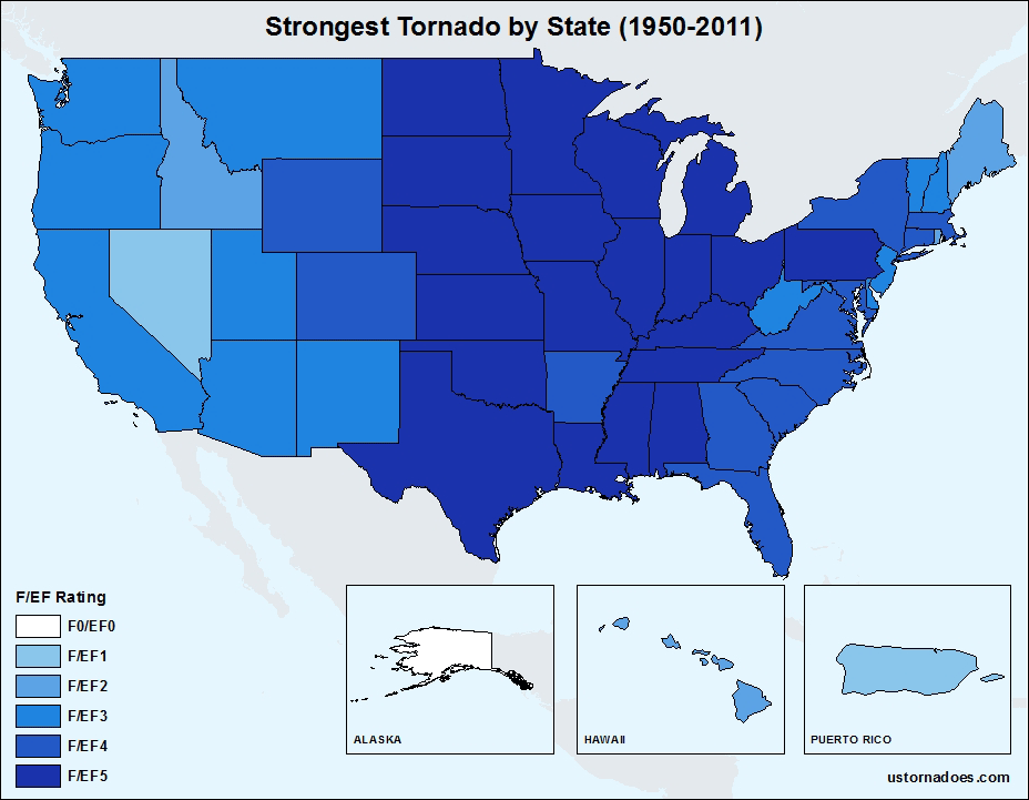 Strongest tornadoes by state, territory and district in the U.S.