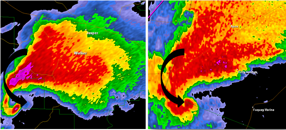 Birmingham, AL supercell from April 27th, 2011 and Raleigh, NC supercell from April 16th, 2011 both showing well-defined hook echo features.