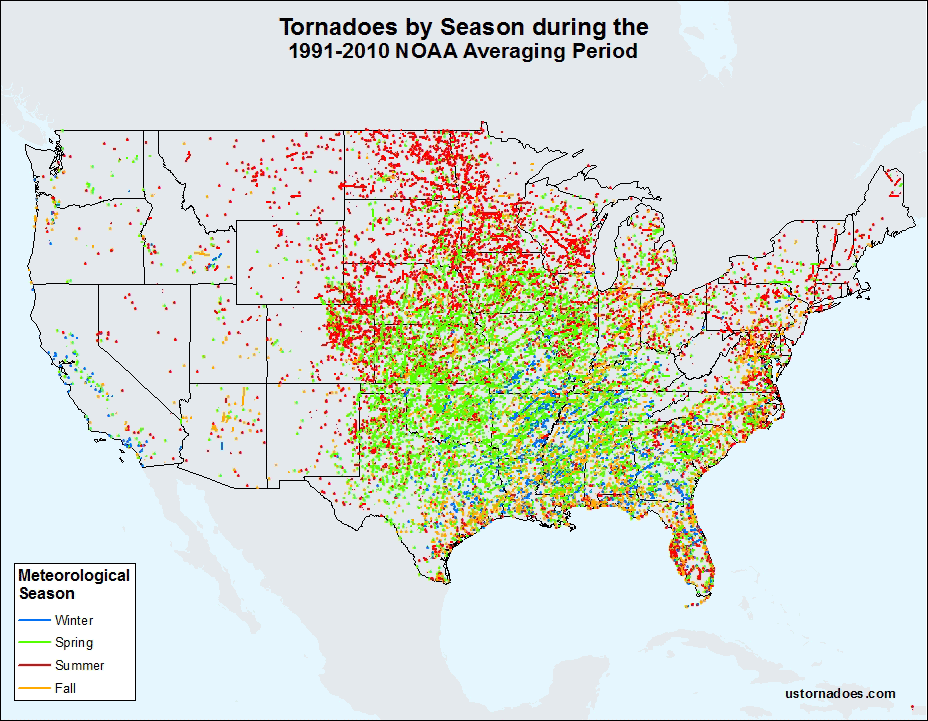 Monthly tornado averages by state and region