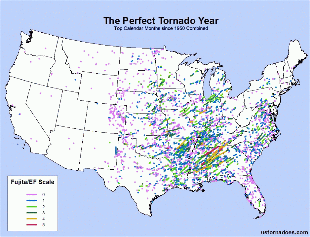 Map of tornadoes in the "Perfect Tornado Year." This is based off a combination of all the top months on record. Map by Katrhyn Prociv. 
