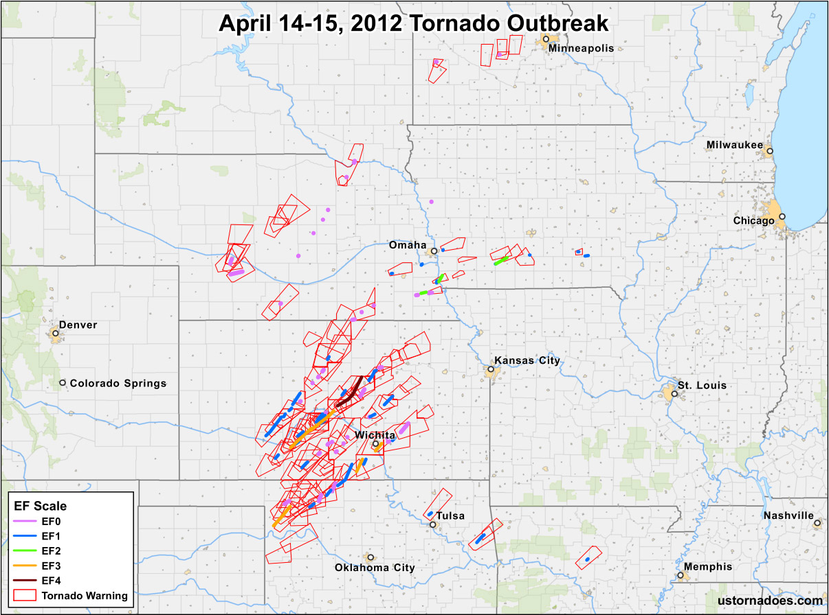 Map: April 14-15, 2012 Tornado Outbreak - U.S. Tornadoes