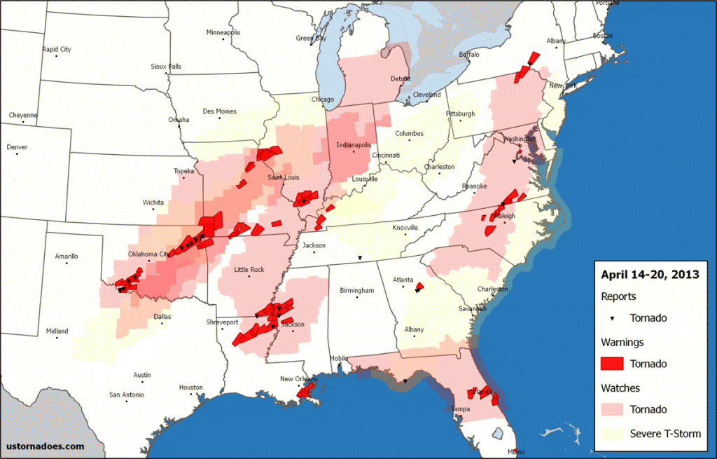 Tornado reports, warnings and convective watches for the week. Data via IEM and SPC. (Ian Livingston)