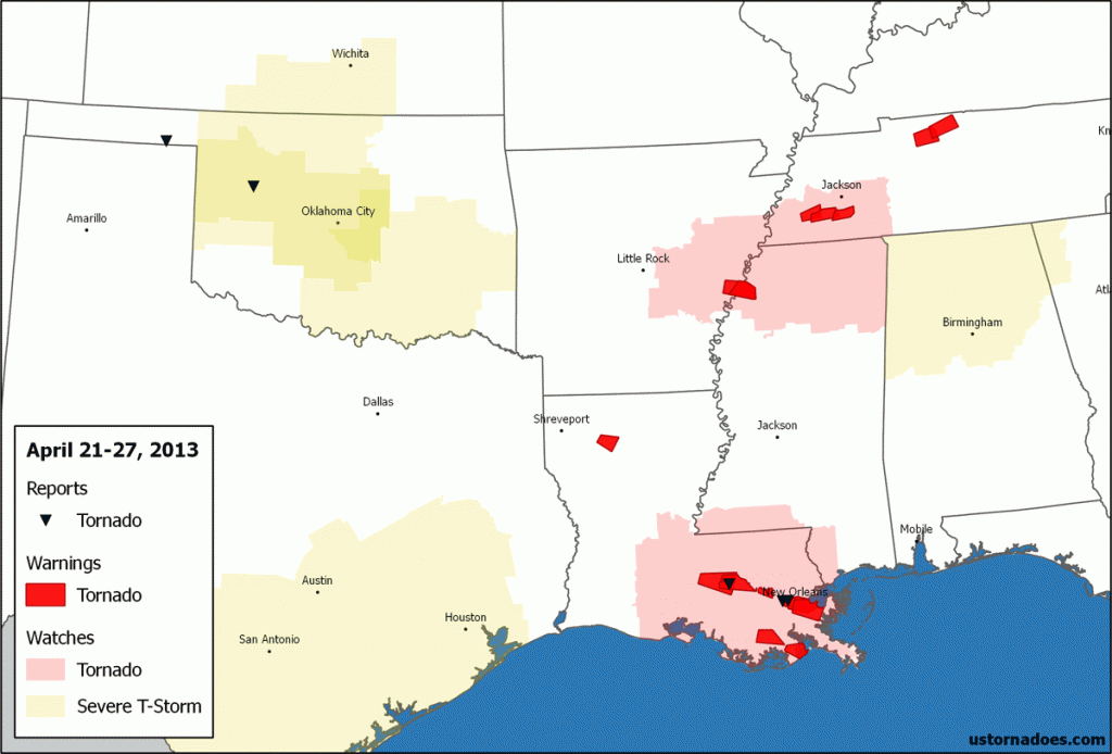 Select for larger. Tornado reports, warnings and convective watches for the week. Data via IEM and SPC. (Ian Livingston) Note: Additional reports may filter in after this map was created, and reports do not necessarily indicate one tornado each or that there was a tornado.