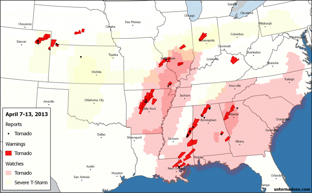 Tornado reports, warnings and convective watches for the week. Data via IEM and SPC (counts may not be final, and one tornado may receive multiple reports). 