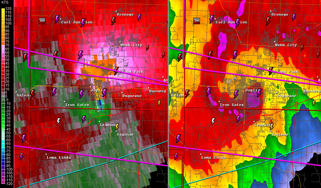 GR2 Analyst radar imagery showing the tornado as it moved over the city of Joplin at 6:43 ET. Center of circulation is evident as seen on the left hand image where the orange and blue meet.