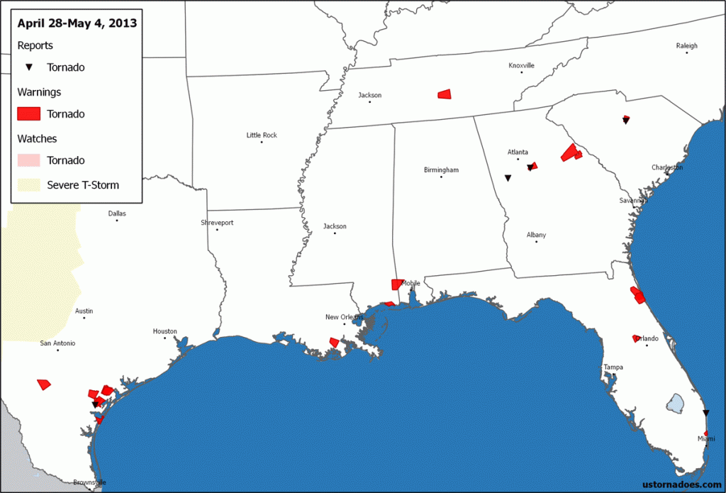  Select for larger. Tornado reports, warnings and convective watches for the week. Data via IEM and SPC.  Note: Additional reports may filter in after this map was created, and reports do not necessarily indicate one tornado each or that there was a tornado. In this week, not all convective watches are shown as this is focused on the tornado area of the country. (Ian Livingston)