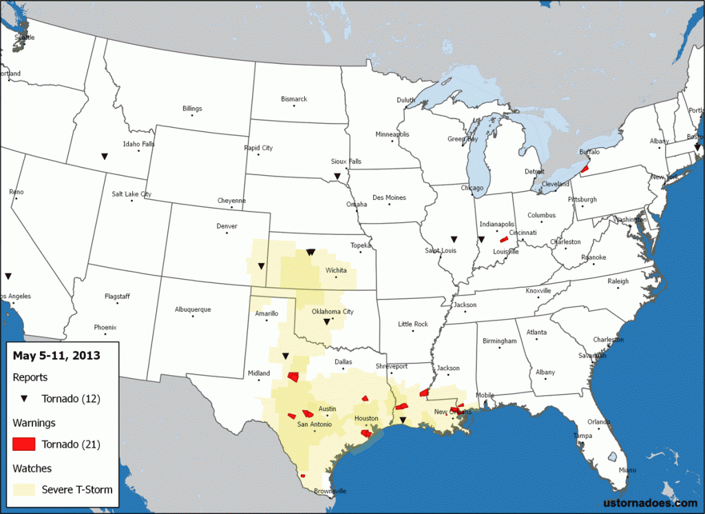 Select for larger. Tornado reports, warnings and convective watches for the week. Data via IEM and SPC. Note: Additional reports may filter in after this map was created, and reports do not necessarily indicate one tornado each or that there was a tornado. (Ian Livingston)