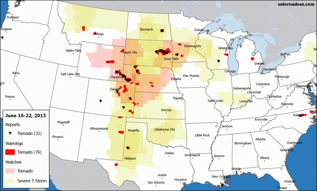 Select for larger. Tornado reports, warnings and convective watches for the week. Data via IEM and SPC. Note: Additional reports may filter in after this map was created, and reports do not necessarily indicate one tornado each or that there was a tornado. (Ian Livingston)