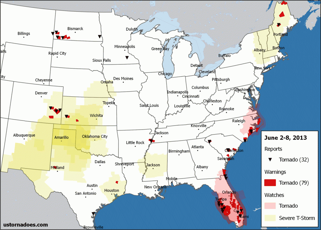 Select for larger. Tornado reports, warnings and convective watches for the week. Data via IEM and SPC. Note: Additional reports may filter in after this map was created, and reports do not necessarily indicate one tornado each or that there was a tornado. (Ian Livingston)