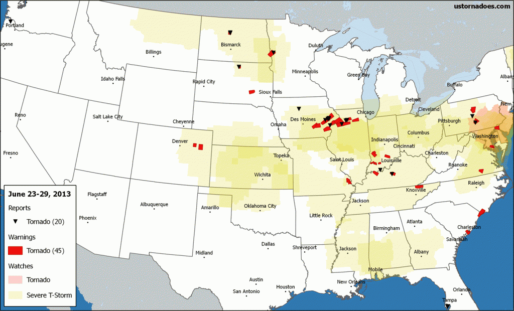 Select for larger. Tornado reports, warnings and convective watches for the week. Data via IEM and SPC. Note: Additional reports may filter in after this map was created, and reports do not necessarily indicate one tornado each or that there was a tornado. (Ian Livingston)