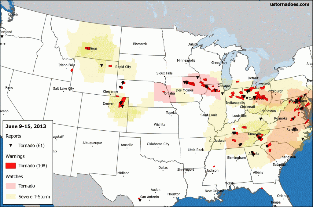 Select for larger. Tornado reports, warnings and convective watches for the week. Data via IEM and SPC. Note: Additional reports may filter in after this map was created, and reports do not necessarily indicate one tornado each or that there was a tornado. (Ian Livingston)