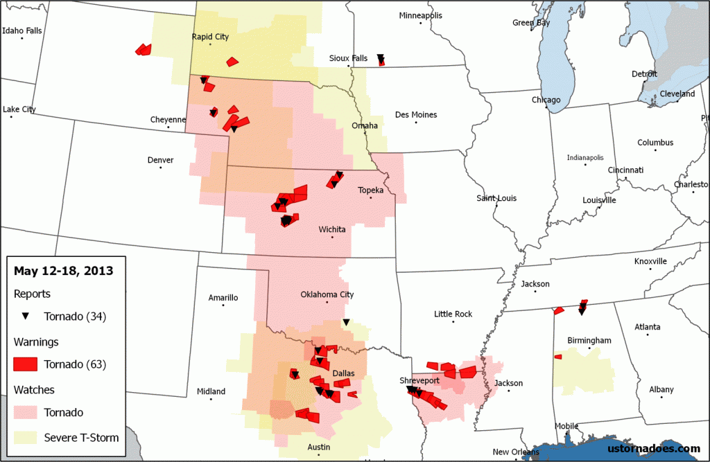 Select for larger. Tornado reports, warnings and convective watches for the week. Data via IEM and SPC. Note: Additional reports may filter in after this map was created, and reports do not necessarily indicate one tornado each or that there was a tornado. (Ian Livingston)