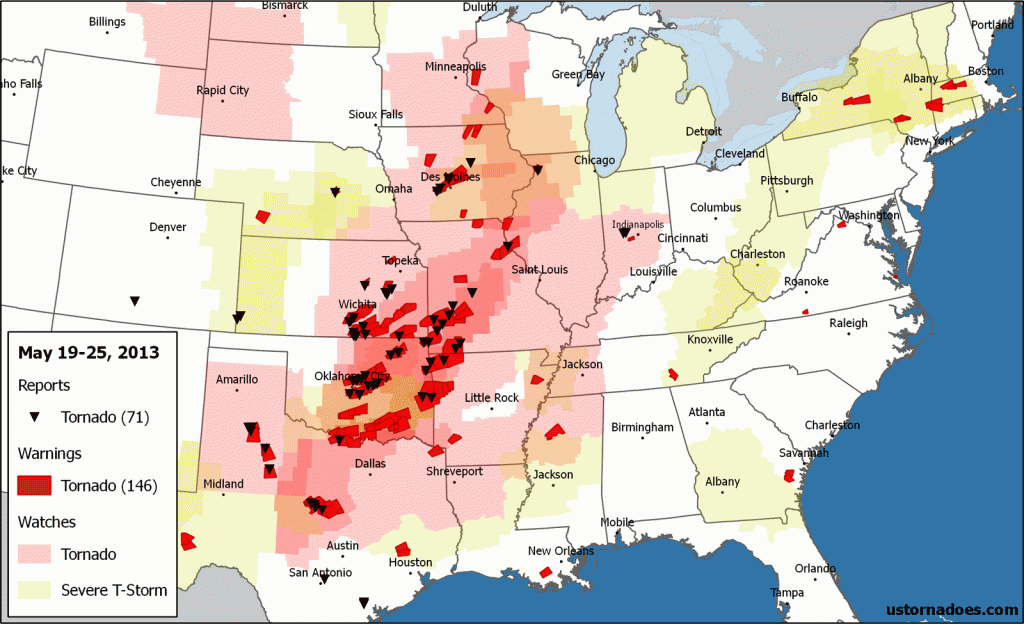 Select for larger. Tornado reports, warnings and convective watches for the week. Data via IEM and SPC. Note: Additional reports may filter in after this map was created, and reports do not necessarily indicate one tornado each or that there was a tornado. (Ian Livingston)