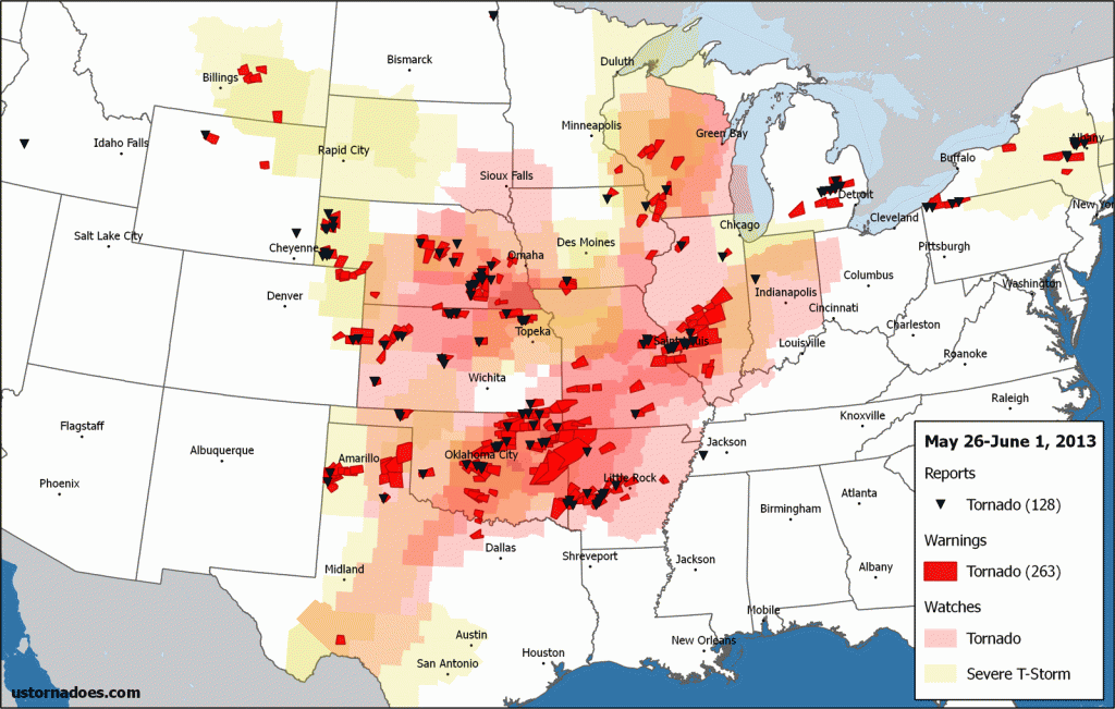 Select for larger. Tornado reports, warnings and convective watches for the week. Data via IEM and SPC. Note: Additional reports may filter in after this map was created, and reports do not necessarily indicate one tornado each or that there was a tornado. (Ian Livingston)