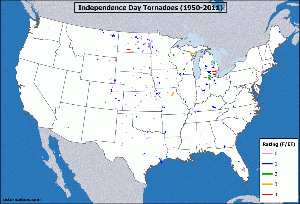 Tornadoes that have touched down on the 4th of July in the United States from 1950-2011. An additional one occurred in north central Minnesota in 2012. (Ian Livingston, SPC GIS Data)