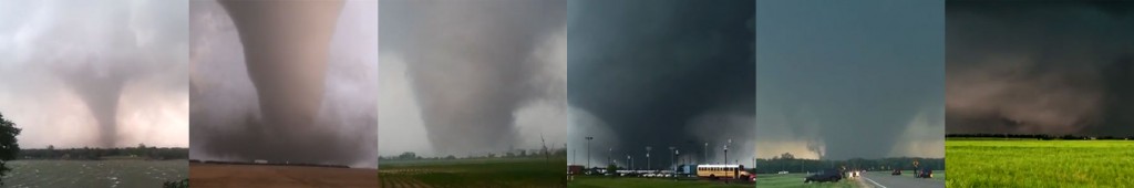 Screen caps of violent tornadoes during the period. From left to right: Granbury, Tx (tsubasachan777); Rozel, KS (Basehunters); Shawnee, OK (Brandon Sullivan); Moore, OK (); Bennington, KS; El Reno, OK (Nick Nolte).   