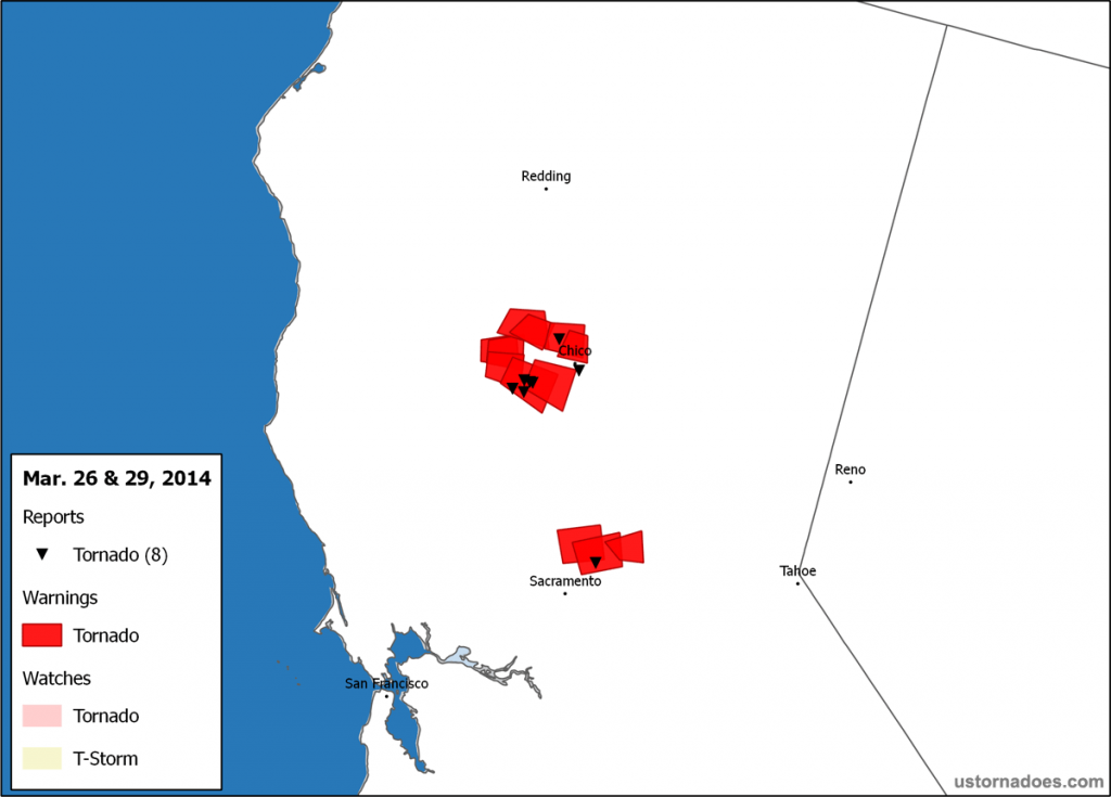 Tornado warnings and reports in northern California on March 26 and 29, 2014. (ustornadoes.com)