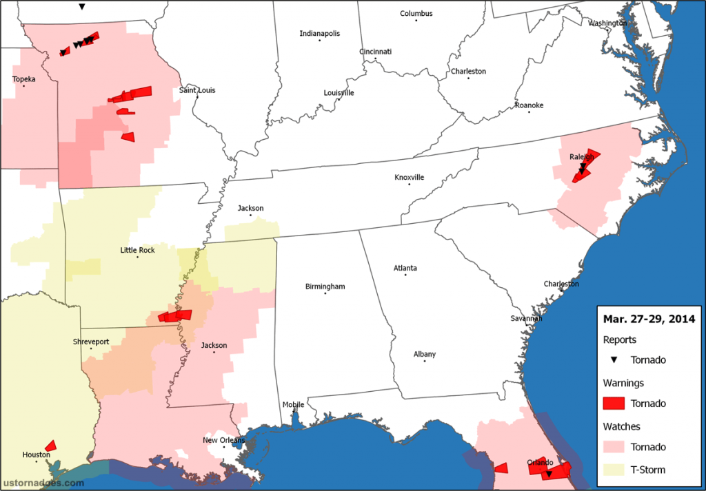 Convective watches, tornado warnings, and reports across the south central U.S. March 27-29, 2014. (ustornadoes.com)