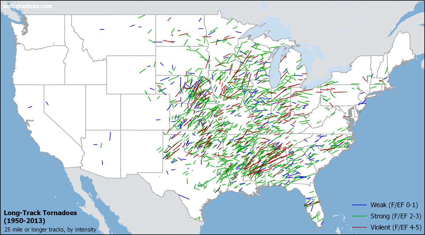 Tornadoes with a track length of 25 miles or greater ranked by strength grouping. (Ian Livingston/SPC Data) *select for larger*