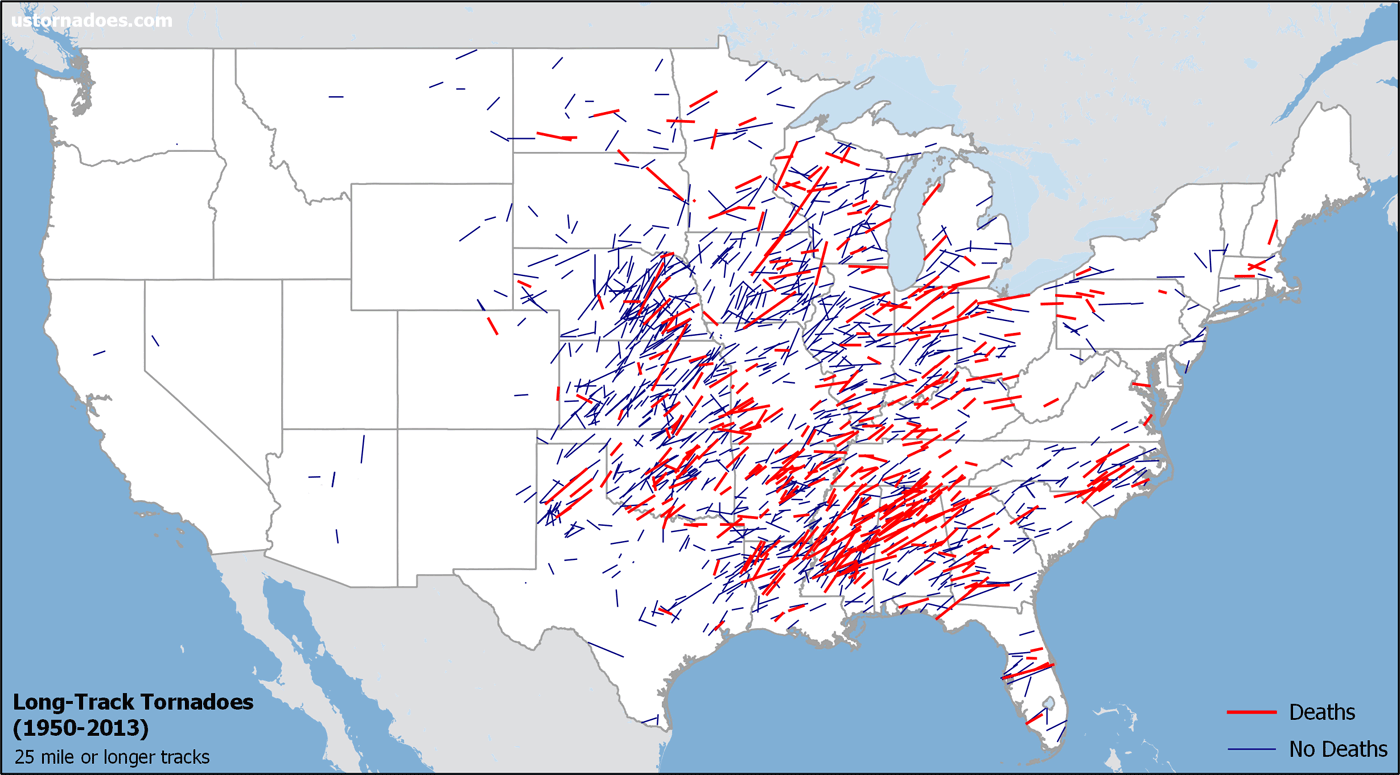 Long-track tornadoes: Historical clues about intensity, where, and when they occur most