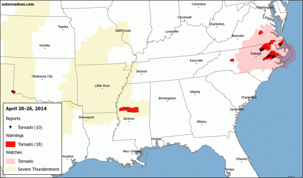 Tornado activity across the U.S. during the week of April 20-26. Note: Another t-storm watch was issued in the intermountain west and is not shown. 