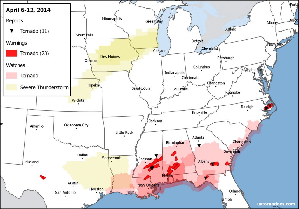 Tornado watches, warnings and reports the week of April 6-12, 2014. 