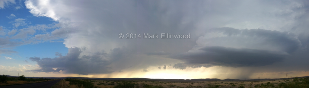 Quick phone panorama of the two supercells in close proximity northwest of Carlsbad, NM on May 23, 2014.