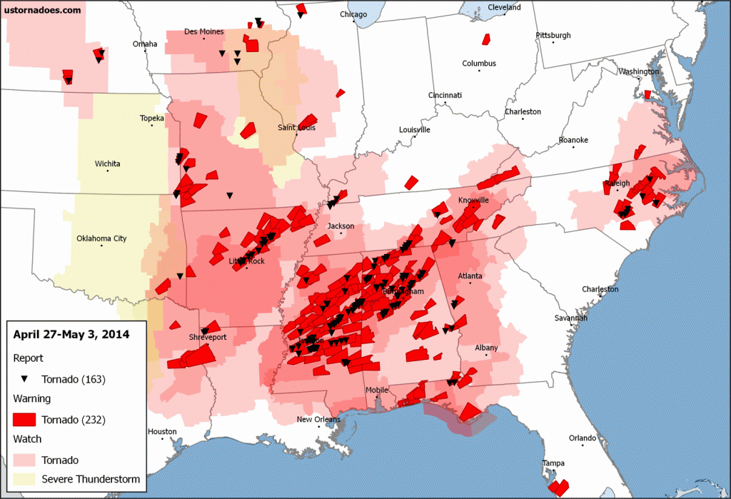 Tornado activity across the U.S. April 27-May3. Note: A tornado briefly touched down in Washington state and is not shown. 