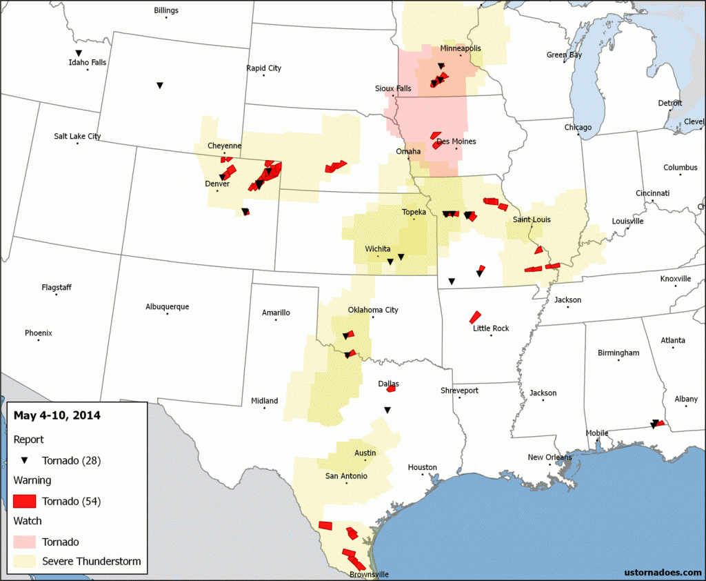 Tornado activity across the United States from May 4-10, 2014.