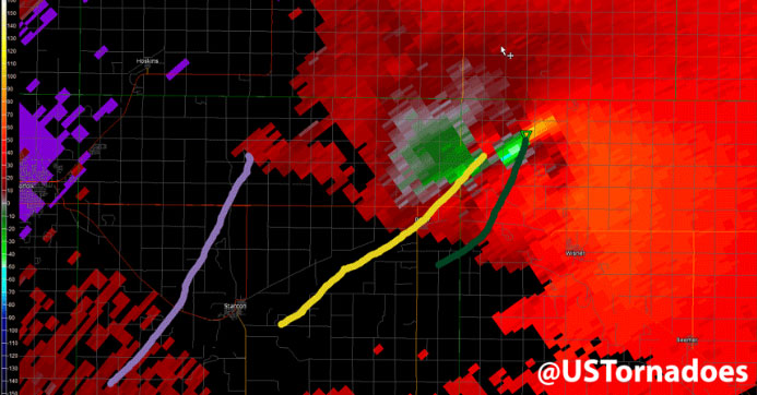 Unusual large twin tornadoes in Nebraska as seen on radar and video