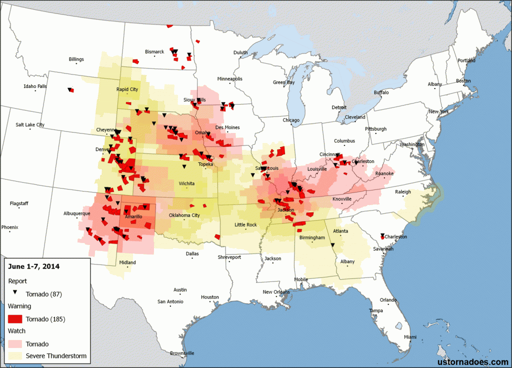 Tornado activity across the United States from June 1-7, 2014.