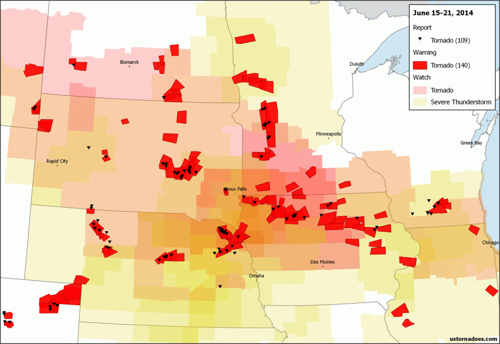 Tornado activity across the United States from June 15-21, 2014. Note: Several reports and warnings outside this map are also included in number counts on the map. For a full picture, see here.