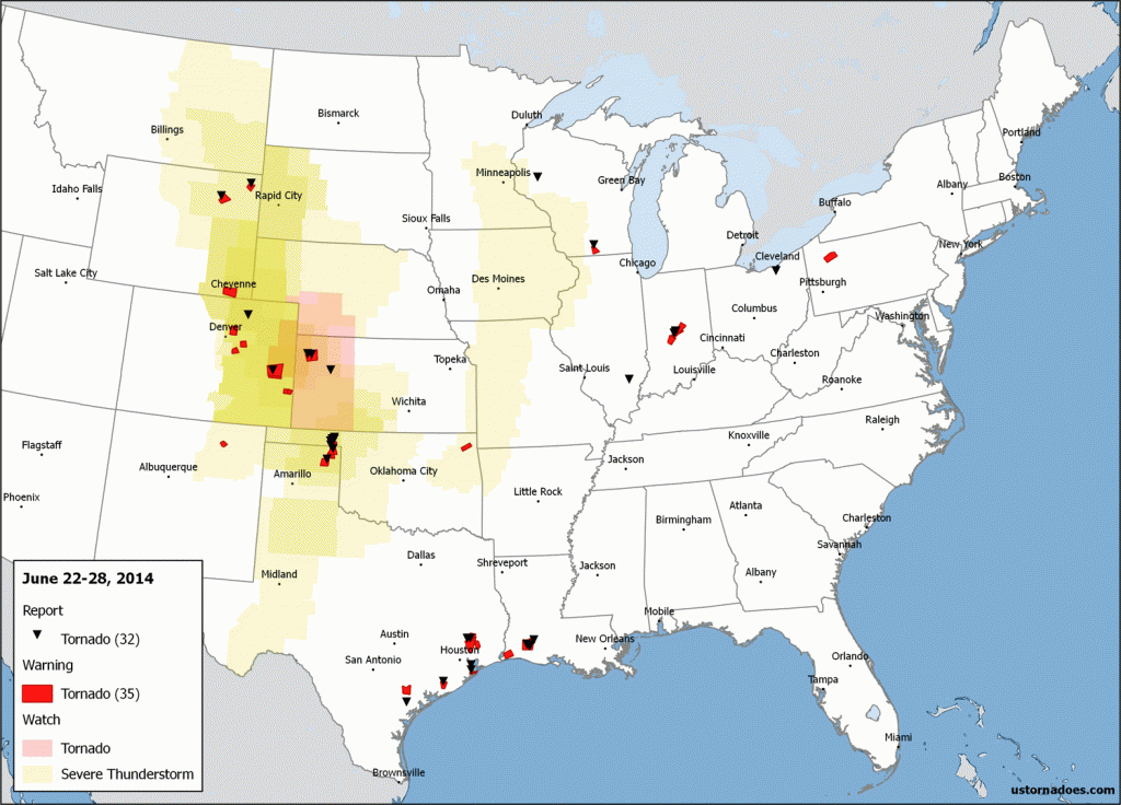 Tornado activity across the United States from June 22-28, 2014. 