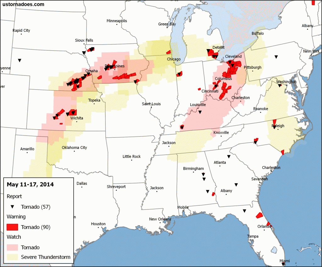 Tornado activity across the United States from May 11-17, 2014.