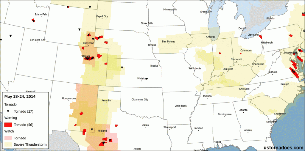 Tornado activity across the United States from May 18-24, 2014.