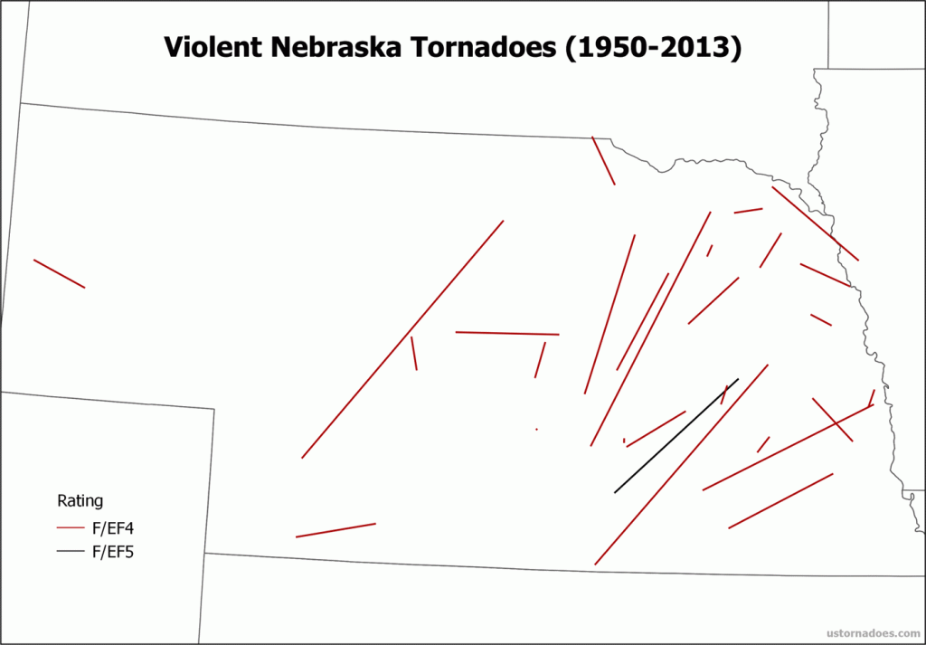 Violent tornadoes in Nebraska, 1950-2013. (Author, using SPC GIS data)