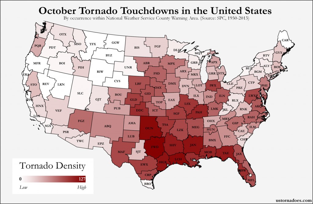 Here's where tornadoes typically form in October across the United ...