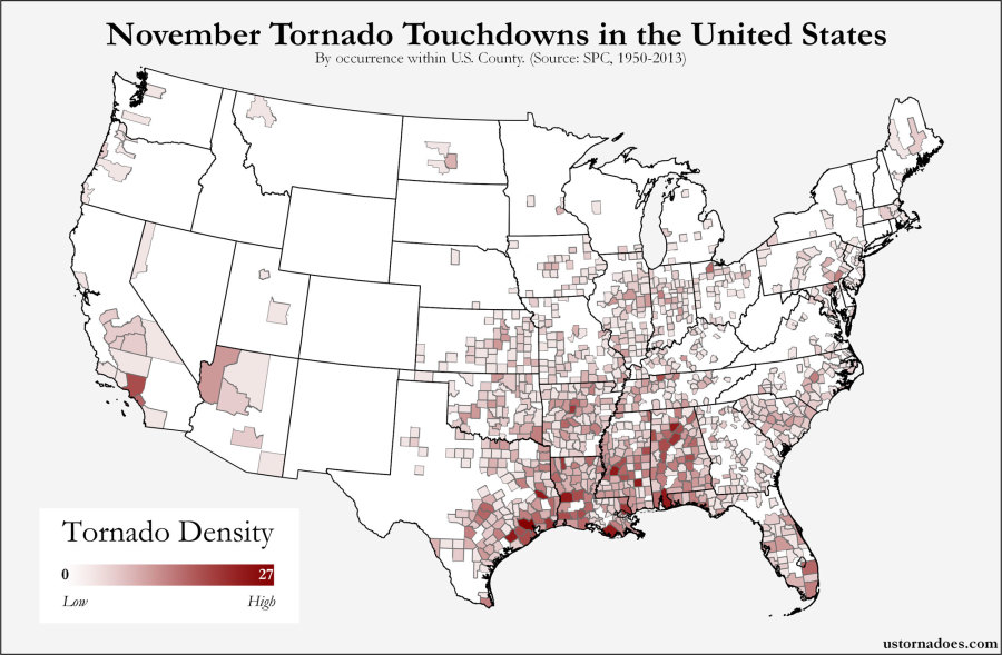 Here's where tornadoes typically form in November across the United ...