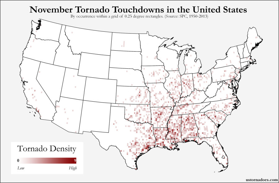 Here's where tornadoes typically form in November across the United ...