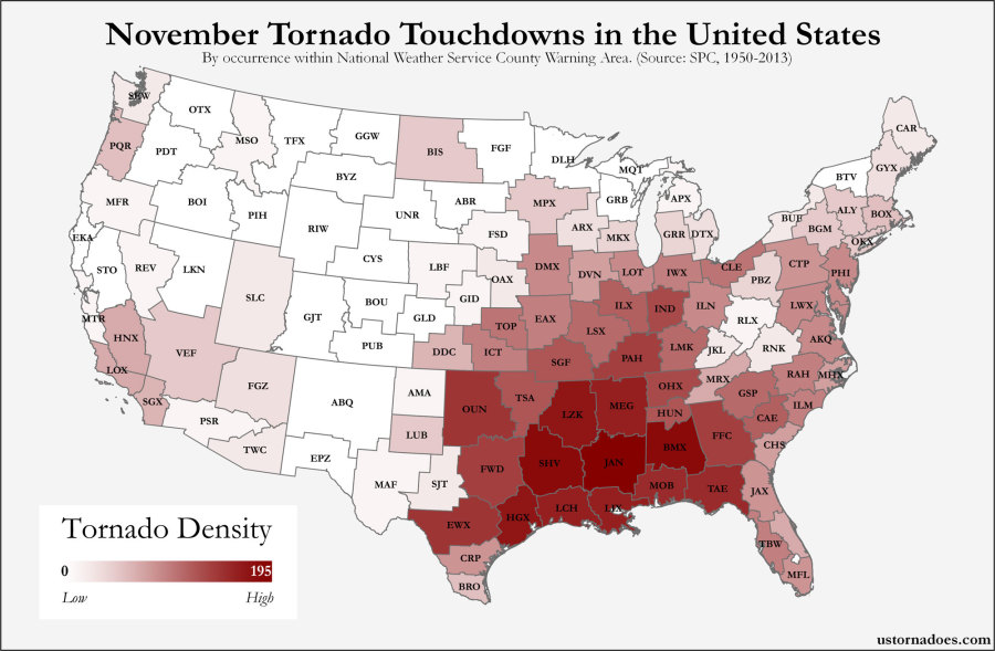 Here's where tornadoes typically form in November across the United ...